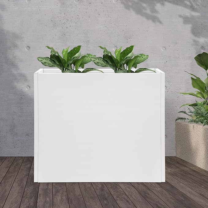 Metal Planter Box, Tall Rectangular Raised Garden Bed with Removable Shelf and Drainage Holes, Modern Steel Garden Planter, Flower Planter Boxes for Patio, Yard & Porch, Outdoor (White, 34*10*30in)