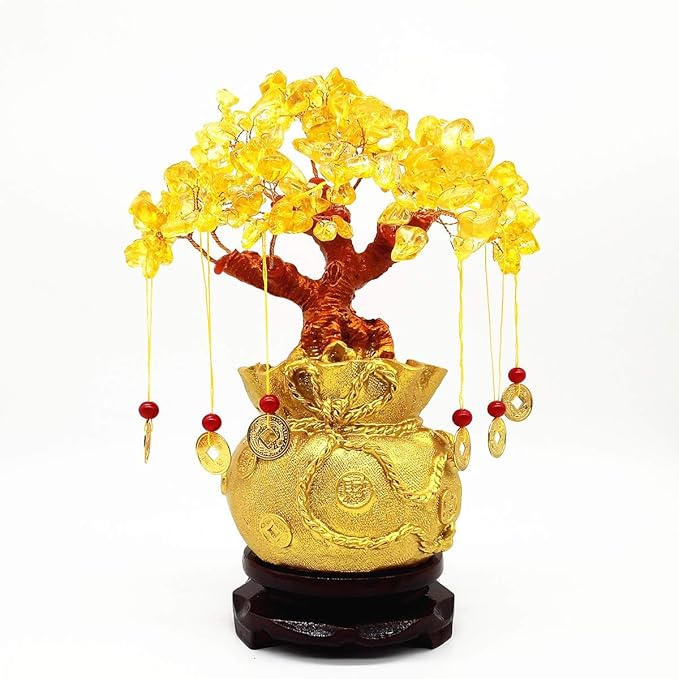Feng Shui Yellow Quartz Crystal Tree, Bonsai Style Money Trees Decoration for Luck and Wealth (Purse)