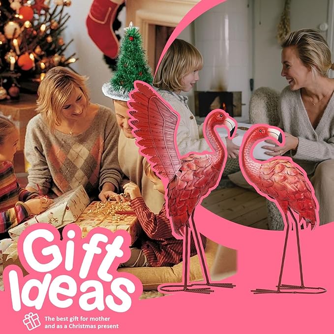 Natelf Flamingo Garden Statues Outdoor Decor, Set of 2 Metal Flamingo Yard Art with Spread & Folded Wings, Weather-Resistant Pink Flamingo Lawn Sculpture for Patio, Backyard - Gift for Women, Mom