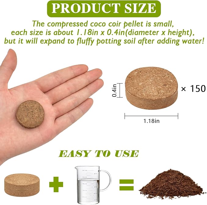ZeeDix Coco Coir Potting Soil, 150pcs 30mm Compressed Coconut Fiber Seed Starter Soil Pellets, Coco Peat Soil Discs for Indoor Outdoor Plants, Herbs, Houseplants, Flowers, Succulents, Vegetables