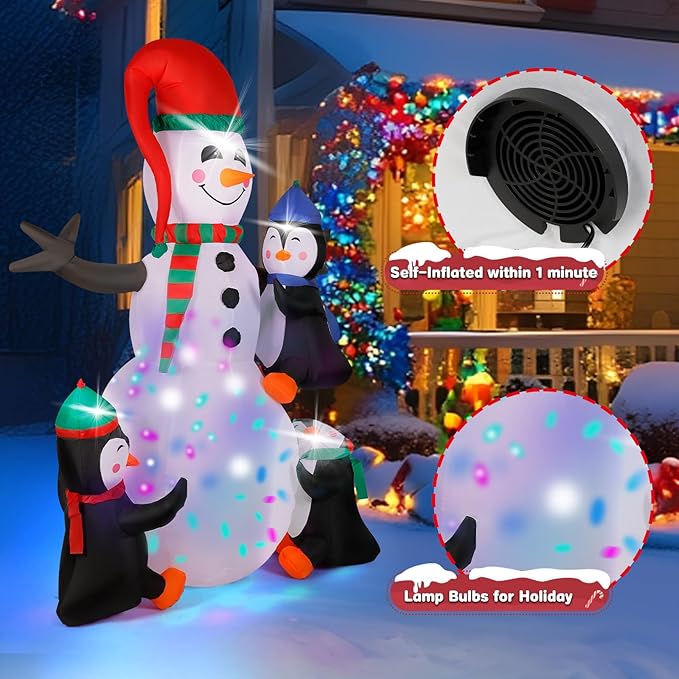 7FT Christmas Inflatable Snowman with 3 Penguins & Multi-Color LED Lights, Blow Up Outdoor Yard Decoration, Animated Winter Holiday Decor for Garden, Lawn, Xmas Party