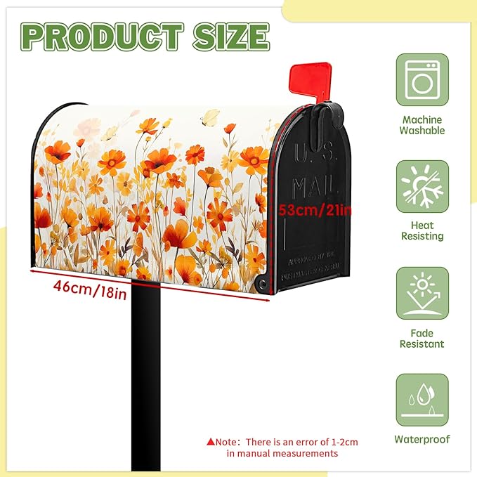 Orange Floral Mailbox Cover Fall Mailbox Covers Magnetic Standard Size 21x18 inch Autumn Beautiful Flower Post Letter Box Cover Mail Box Decorations for Outside Garden