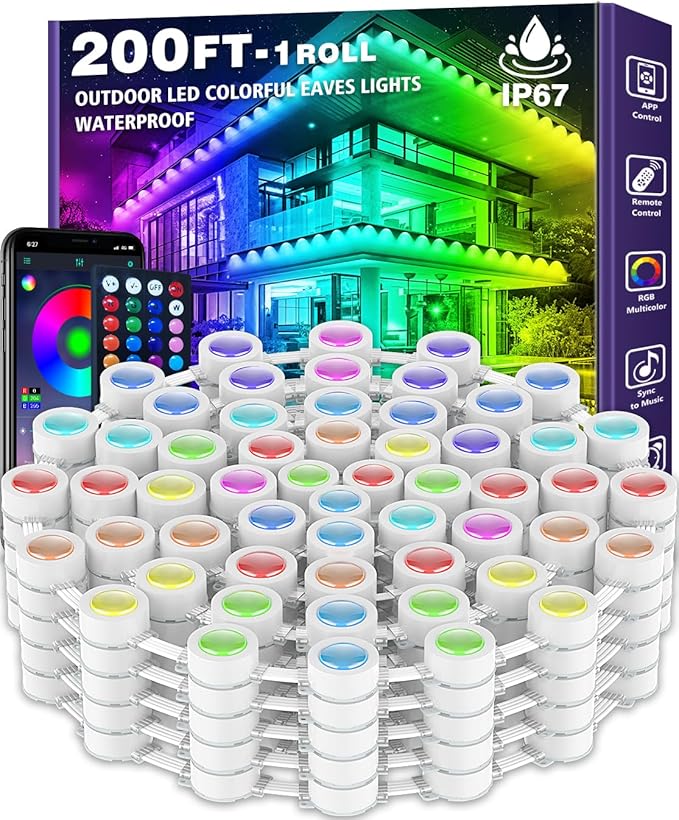 SINLEY Permanent Outdoor RGB Lights,Waterproof Smart LED Eaves Lights with App/Remote Control,for Christmas and All Holiday Decor,Daily and Accent Lighting,House Roof and Garden Lighting (200FT)