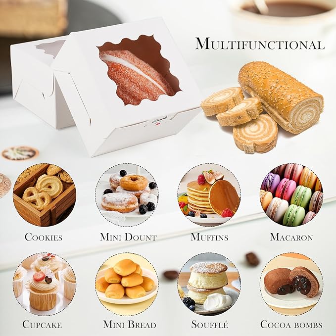 100 Pack Cookie Boxes with Window, 4x4x2.5 Inch White Bakery Box, Kraft Paper Treat Boxes for Pastries, Cookies, Pie, Donuts, Macaron, Strawberry Boxes withTag