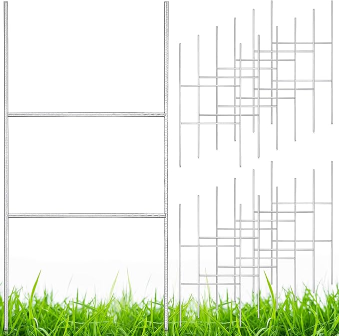 Therwen 12 Pcs Yard Sign Stakes 20'' x 10'' Metal H Heavy Duty Frame Wire Stakes Galvanized Lawn Sign for 4mm 5mm Corrugated Advertising Board Yard Garage Holder Christmas Decor
