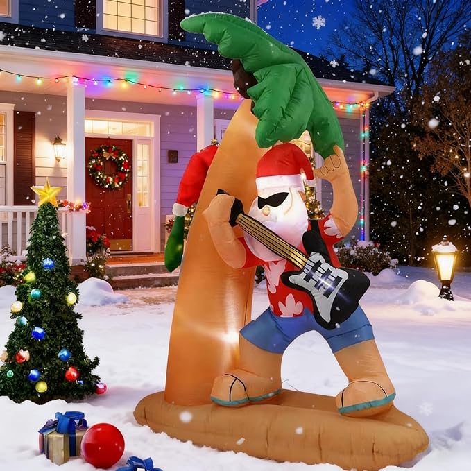 7FT Santa Claus Playing Guitar Under Coconut Tree Christmas Inflatable Decoration with LED Lights, Suitable for Holiday Celebration Decorations on Yards, Lawns and Patios