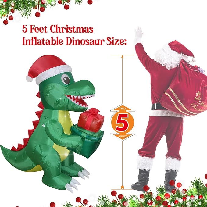 Christmas Inflatables Dinosaur Lighted Yard Lawn Inflatable Decoration with Built-in Fan and Stakes Ropes Holiday Party Decor, Christmas Decor (5FT- Dinosaur Holds Giftbox)