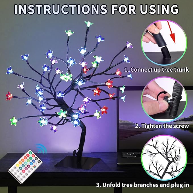 RGBW Cherry Blossom Tree Lights,LED Artificial Flower Bonsai Tree，16.2Inch Table Top Lamp 48 Multicolor Lights，Night Lights Lighted Artificial Twig Tree for Xmas Indoor Desktop Home Decor