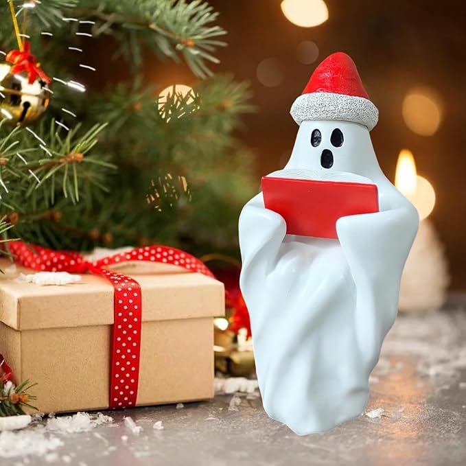 Christmas Figurine Cute Funny Figurines with Xmas Hat Read a Book Design Unique Ghost Xmas Indoor Decorations for Christmas Decor Home OfficeTable Bedroom Desktop Display Ornaments 1 PCS