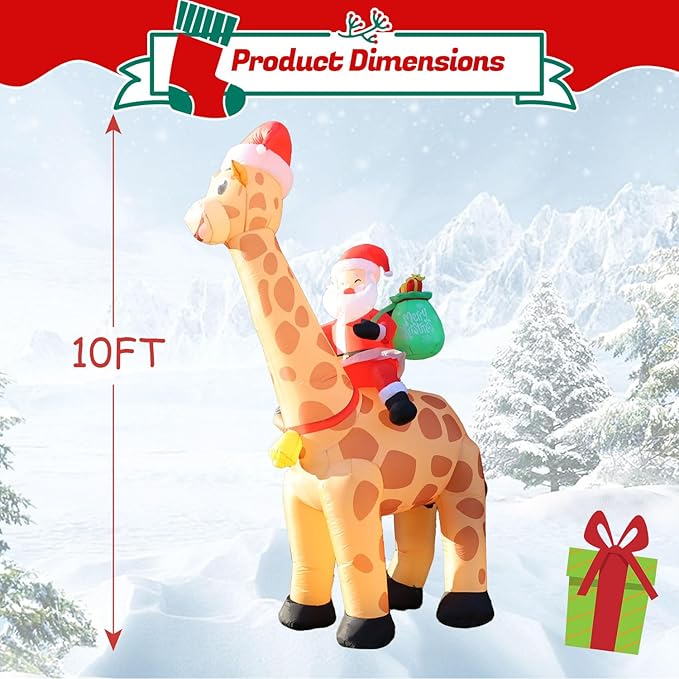 10FT Christmas Inflatables Santa Claus Rides Giraffe, Christmas Blow Ups Outdoor Decoration, Built-in LEDs for Holiday Party Front Garden Lawn Yard Patio Outdoor
