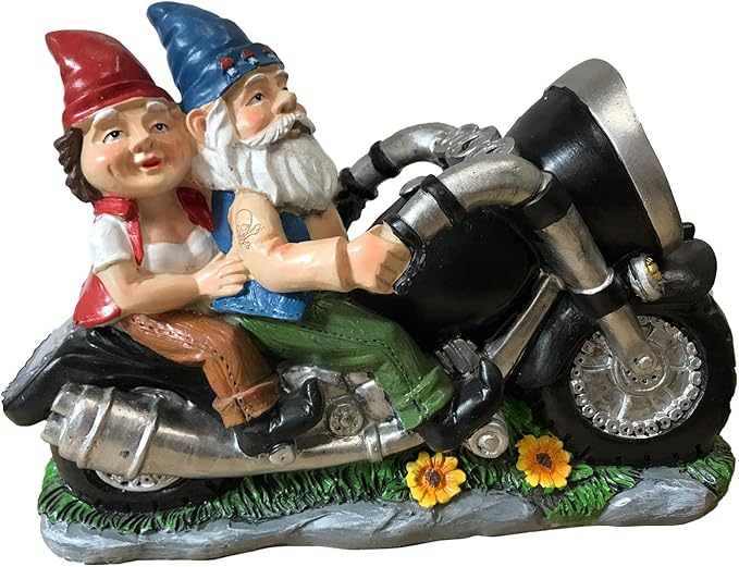 Cute Biker Gnome Couples Statue -Biker Garden Gnomes Outdoor Funny Figurine - Motorcycle Statues Garden Ornament Art - Travel Gnome Figurine for Patio