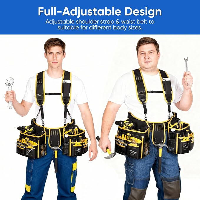Tool Belts for Men, Tool Belt Suspenders, Heavy Duty Tool Belts with 28 Pockets, Magnetic Tool Belt with Suspenders for Carpenters Electricians Framers, 32''-66'' Adjustable Waist