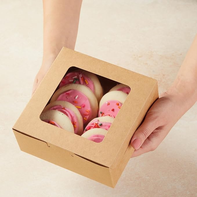 Juvale Cookie Boxes with Window - 50-Pack 6x6x2.5 in, Brown Paperboard - Bakery Boxes for Cookies, Cupcakes & Muffins