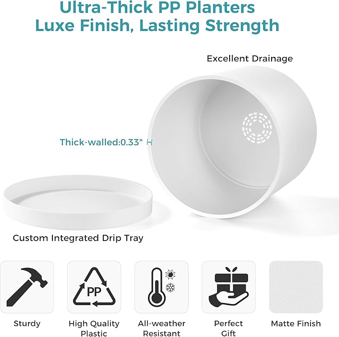 FaithLand 12-Inch Large Modern Cylinder Planter, Thick-Walled Plastic Plant Pot with Drainage Holes and Detachable Saucer, Matte White, Ideal for Indoor & Outdoor Plants Flowers