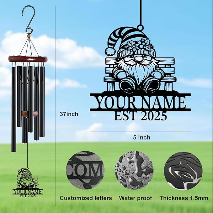 Personalized Customize Name Gnome Wind Chime, Metal Iron 37 Inch Outdoor Memorial Gift for Garden Yard Patio Home Decor, Black，Christmas (Style C)