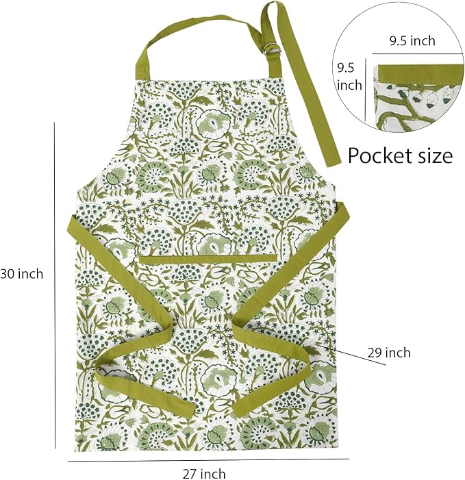 CPC Cotton Floral Kitchen Apron for women with Pocket and Adjustable Neck Ties. Apron for Women Men Chef-Hand Block Printed