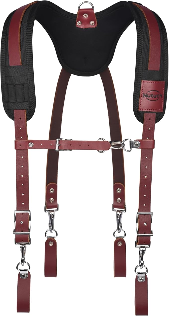 Heavy Duty Leather Work Suspender With Pockets | Fully-Adjustable Padded Leather Tool Belt Suspenders for Men | Construction | Framers | Handyman | Electrician