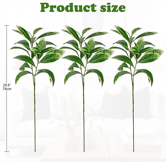 Artificial Greenery Branches 29.9" Faux Leaves Stem for Vase Filler 3pcs Fake Fiddle Plant for Table Centerpiece Home Office Party Wedding Decoration Green and White