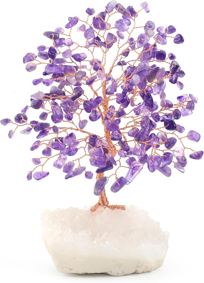Natural Amethyst Crystal Tree of Life,Clear Quartz Cluster Base,Healing Crystals Positive Energy Gem Money Tree Bonsai,Feng Shui Decor,Spriture Gift Size 5.5"-6.3"