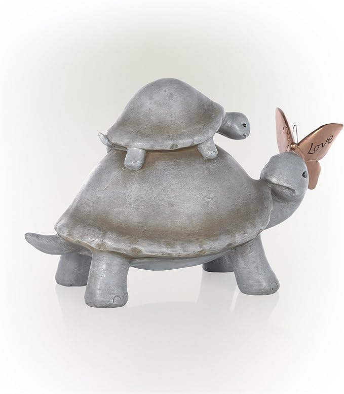 Alpine Corporation ZEN906 Mother and Baby Turtles with Love Butterfly Indoor Outdoor Decorative Garden Statue, 14" Long, Gray