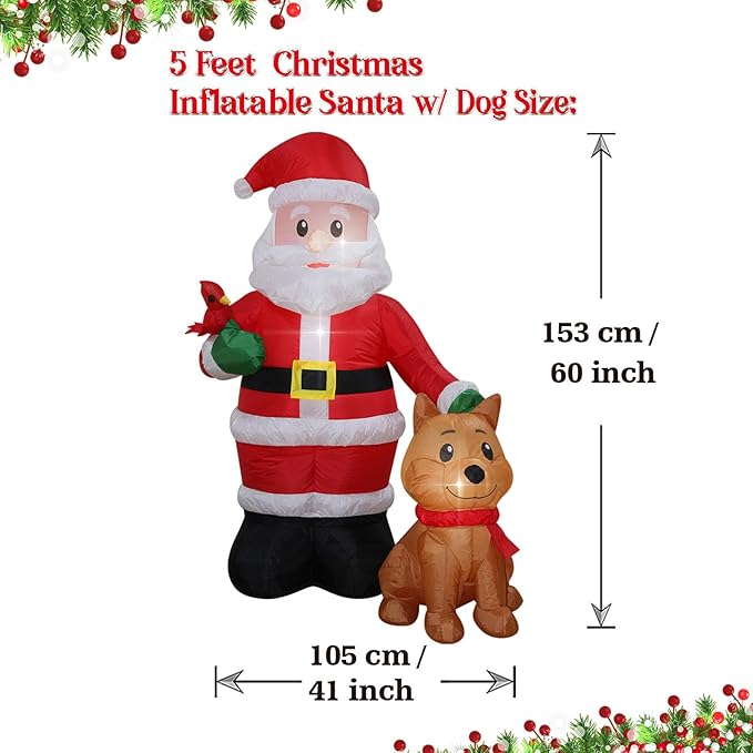 Christmas Inflatables Santa with Dog Cardinal Lighted Yard Lawn Inflatable Decoration with Built-in Fan and Stakes Ropes Holiday Party Decor, Christmas Decor (5FT-Santa with Dog & Cardinal)