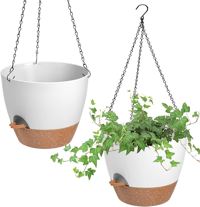 Hanging Planters for Indoor Outdoor Plants, 2 Pack Self Watering Hanging Pot with Drainage Holes & Removable Tray (White, 8'')
