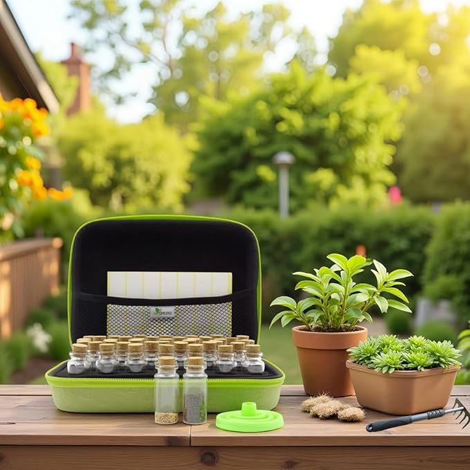 【40 Slots】 Seed Storage Organizer, Sturdy Organizer Box with Dual Zipper Bag and 42Pcs Label Stickers, Glass Seed Storage Container for Flower Vegetable Plants Garden Seeds Saving, Green