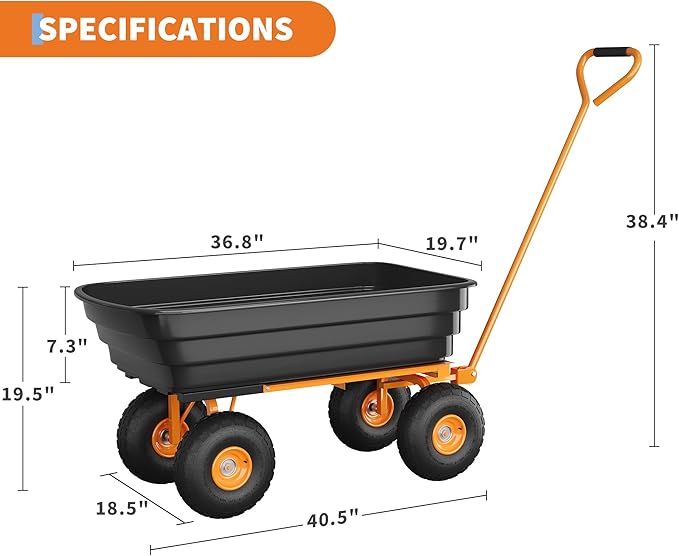 Garden Dump Cart, 4 Cu.Ft. 600Lbs Garden Cart, Heavy-Duty 4 Wheel Wheelbarrow Yard Cart with 10-Inch All-Terrain Wheels, Features A Quick-Release Tipping Function, for Courtyards, Farm, Gardening