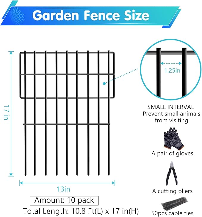 10 Panels No Dig Fence, 10.8ft(L) x 17in(H) Dog Digging Fencing Barrier, 1.2in Gap Animal Barrier for Bottom of Fence, Rustproof Metal Garden Edging Border Ground Defense Blockers for Outdoor Patio
