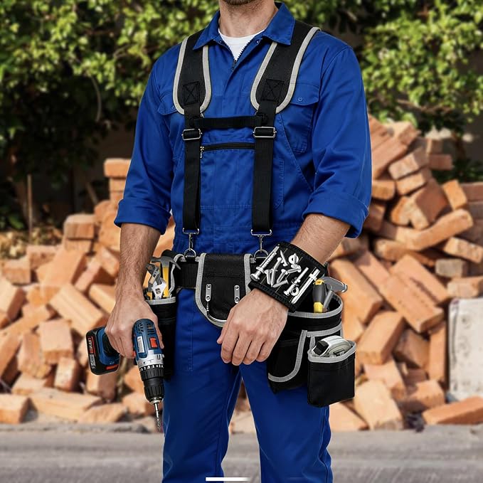 Tool belts for men - multi-functional detachable adjustable tool belt with shoulder strap magnetic wristband set, suitable for electricians and carpenters。 (black and gray)