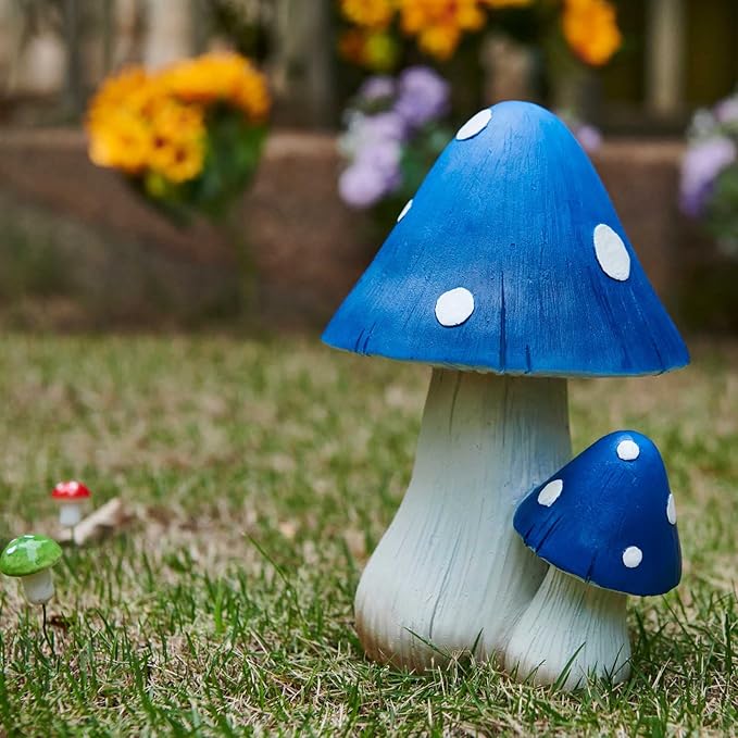 Mushroom Decor Fairy Garden Accessories - Outdoor Garden Decor Mushrooms Ornament for Garden Decoration Garden Gnome's Favorite Mushroom Statues (8" Blue)