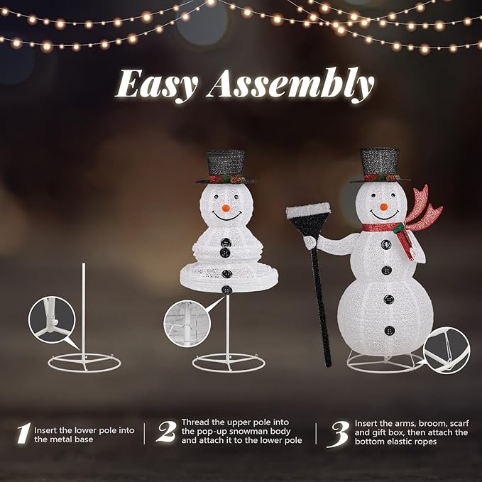 VINGLI 5FT Pop Up Lighted Snowman Christmas Decorations Outdoor Indoor, Prelit 200 Warm White LED Snowman with Broom & Stakes, Collapsible Xmas Yard Lawn Garden Front Porch Patio Holiday Decor