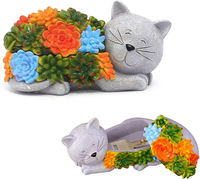 Outdoor Cat Key Hider Statue - Cute Succulent Hide a Key Outdoor Decorative - Small Gift Box for Women, Home Decor & Cat Gifts