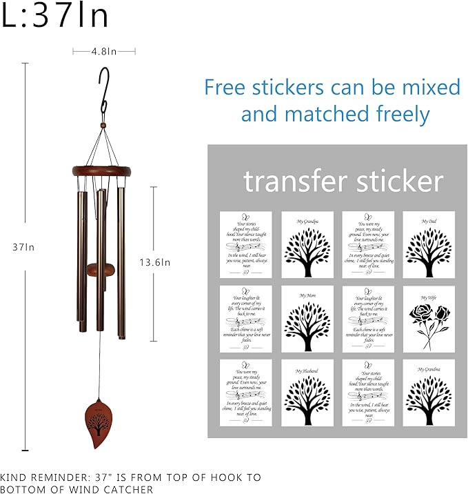 Personalized Memorial Wind Chimes for Loss of Loved One – Sympathy Gift for Mom or Dad, Outdoor Bereavement Chimes, Remembrance Wind Chime for Funeral or Memorial (Black, 37")