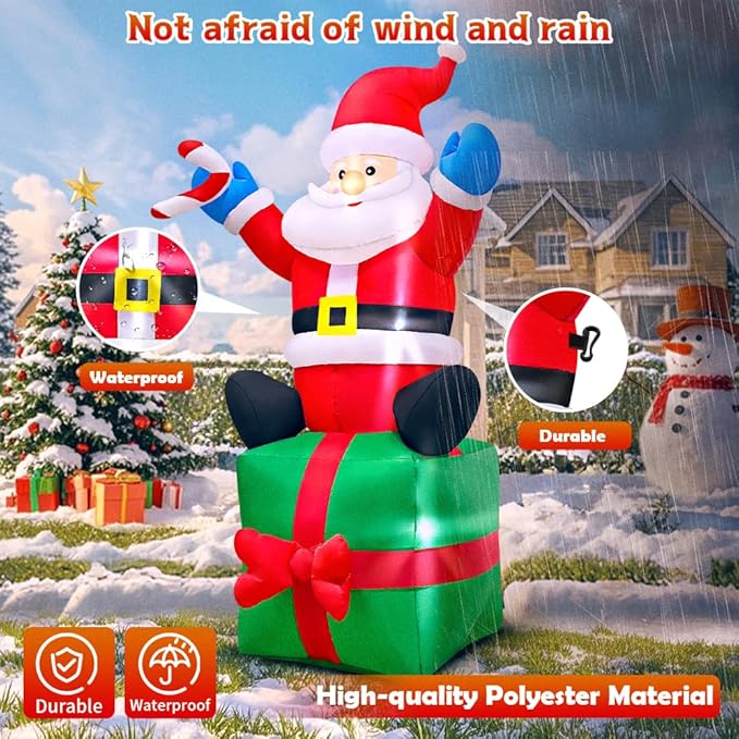 6FT Christmas Santa Inflatables Outdoor Decorations Santa Claus with Gift Box Blow Up Yard Decorations,Built-in LED Lights for Outdoor Christmas Party Yard Garden Lawn Xmas Decoration