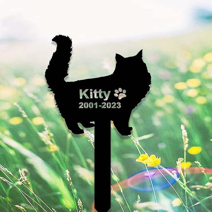 Custom Fluffy Cat Memorial Stake Sign - Metal Long Hair Grave Marker - Personalized Garden Decor - Pet in Heaven Remembrance Yard Stake - Sympathy Gift