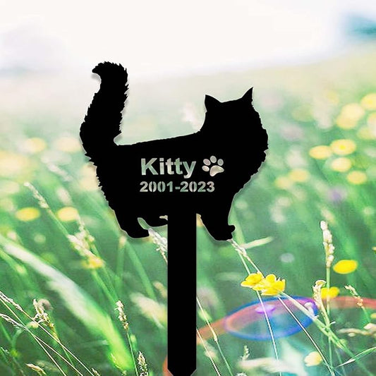 Custom Fluffy Cat Memorial Stake Sign Metal Long Hair Cat Grave Marker Cat Garden Decor Personalized Cat Name Remembrance Yard Stake Pet in Heaven Loss of Cat Sympathy Gift