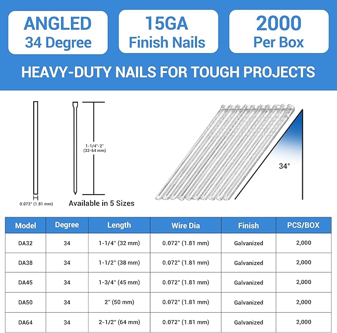 meite 15 Gauge Angled Finish Nails, 1-1/2-Inch 34 Degree DA Series Galvanized Finishing Nails for Nailer Guns - Perfect for Window Trim, Cabinet Building and Other DIY Projects (2,000 Counts)
