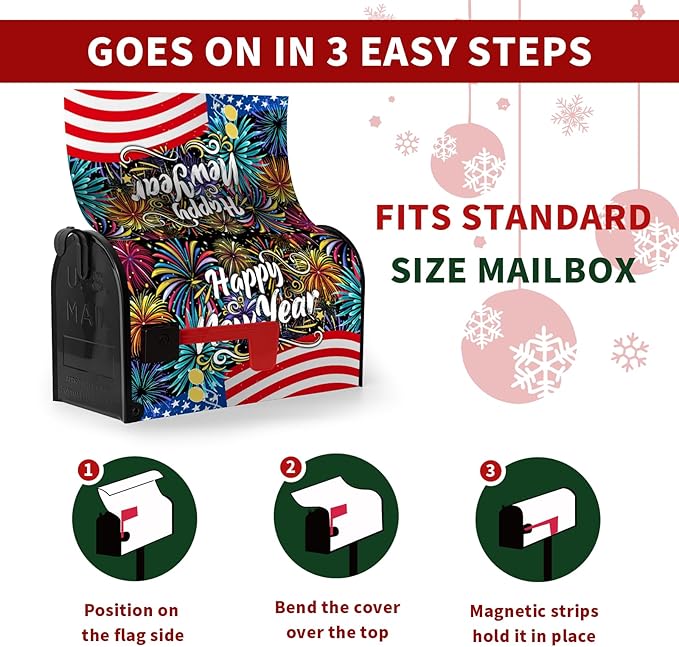 Happy New Year Mailbox Cover New Year Eve Magnetic Mailbox Covers American Flag Fireworks Balloon Post Letter Box Wrap for Holiday Celebration Party Outdoor Yard Decor 21 X 18 Inch