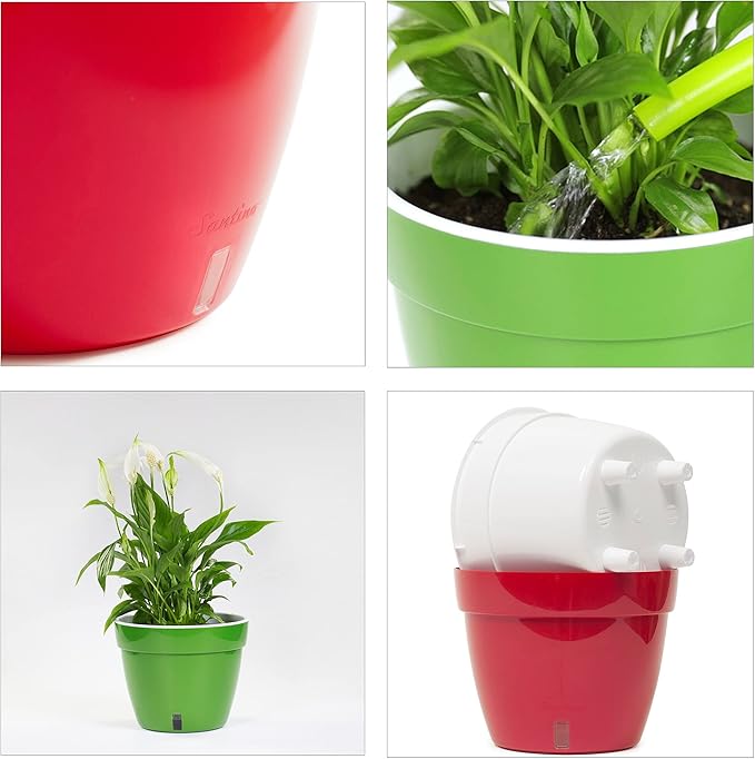 Santino ASTI 10.6 Inch Self Watering Planter RED-Pearl/White for Indoor Plants - Premium Quality Modern Plastic Pot w/Water Level Indicator for All House Herbs, Plants, African Violets and Dahlias
