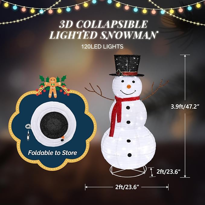 VINGLI 4FT Lighted Christmas Snowman Outdoor Decorations, Prelit 90 LED Snowman Decor with Stakes, Weatherproof Indoor Outdoor Yard Lawn Garden Patio Pathway Front Porch Xmas Holiday Display