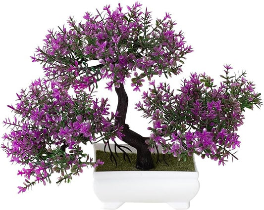 Mini Artificial Bonsai Tree Plants Artificial Plant Welcome Pine Treewith Plastic Cement Pots for Home Office Décor (Magenta)