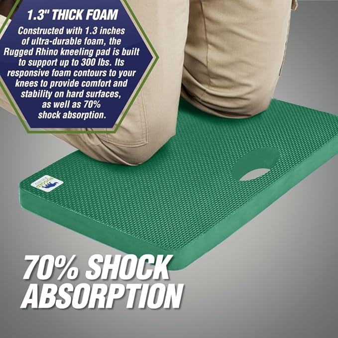 Rugged Rhino Heavy Duty Patent Pending Kneeling Pad, 2 PK, Shock Absorbent Thick Knee Pads, Holds Up to 300 lbs, Protect Knees from Hard Concrete Surfaces, for Mechanics, Gardening, Gym, Pine Green