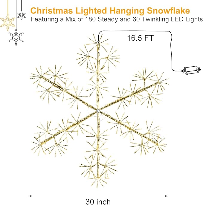 Hanging Christmas Snowflake Lights, 30’’ Large Golden Snowflake with 240 Warm White LEDs Twinkle for Indoor Outdoor Decorations