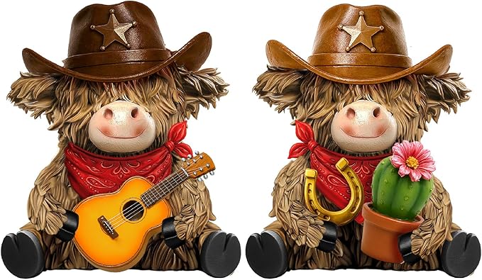 2 Pcs Highland Cow Figurines Decor Cowboy Gnomes with Western Cowboy Hat Resin Statue Calf Lovers Gifts for Farmhouse Home Garden Bathroom Kitchen Office Tiered Tray Table Decor