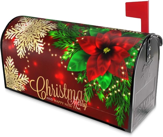Christmas Mailbox Covers Poinsettia Gold Snowflake Xmas Magnetic Letter Post Box Cover Standard Size 21 x 18 Inch Garden Yard Home New Year Holiday Decorative