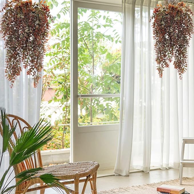 Artificial Hanging Plants Red 4 Pack, Brown Leaves Fake Vines Decoration Plastic Ivy Leaf Rattan Greeny Vine Houseplants for Wedding Indoor Outdoor Home Garden Bedroom Office Wedding Décor