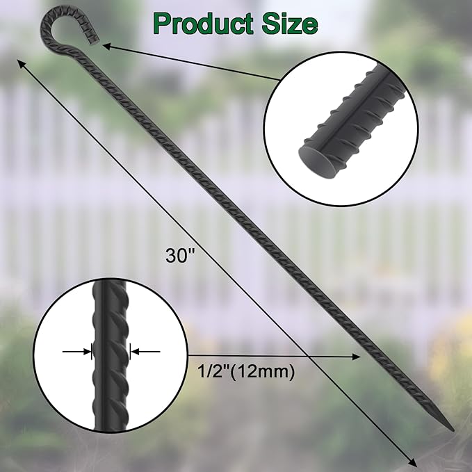 30 Inch Rebar Stakes Heavy Duty 6 Pack Tent Stakes with Loop 1/2 Inch Diameter Tarp Pegs Tree Stakes and Supports Ground Anchors Garden Rope Fence Stakes for Outdoor Camping and Yard, Black