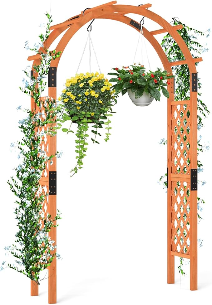 7.7ft Garden Arch, Wooden Wedding Arch with Top & Side Trellis, Garden Arbor Trellis for Climbing Plants Outdoor, Backyard & Lawn
