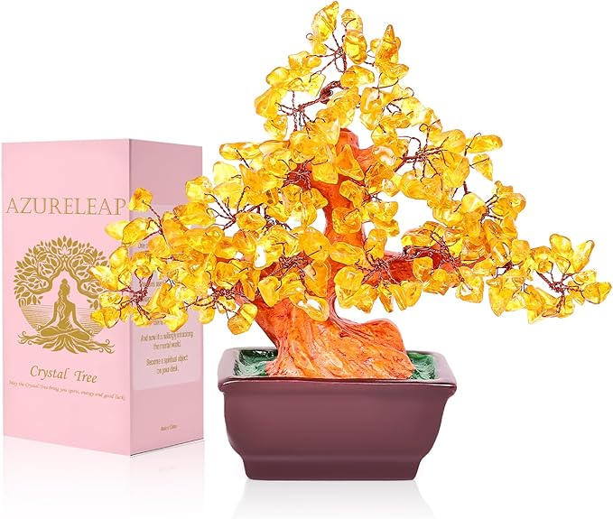 Feng Shui Quartz Crystal Money Tree Bonsai Style Decoration for Luck and Wealth (Yellow)
